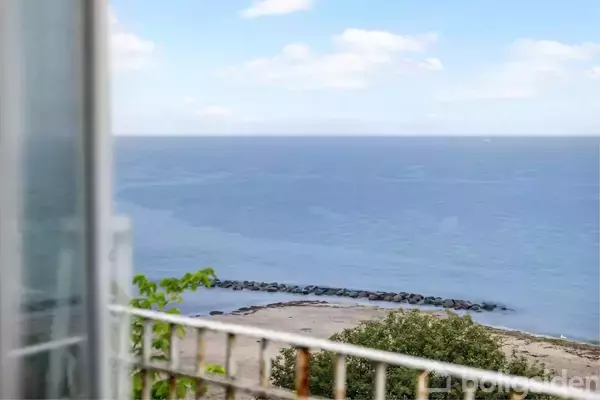 Havudsigt fra altan; roligt hav i baggrunden med en stenet kystlinje, omgivet af grønne træer.