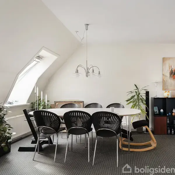 Et spisebord med sorte stole står i et lyst rum. Lampe hænger over bordet. Planter omgiver området, og der er et billede på væggen. Tæppe dækker gulvet.