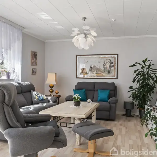 Grå sofa og lænestol står i en stue med lyst trægulv og vægge. Sofabord har en vase. Planter og billeder omkranser, med et vindue til venstre og et fladt tv til højre.