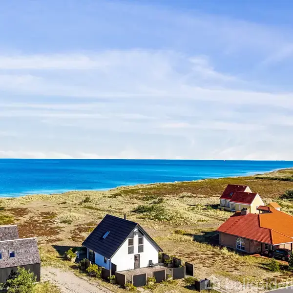 Huse med sorte og røde tage står stille ved kysten, omgivet af græs og lyng. Havet strækker sig til horisonten under en klar blå himmel.