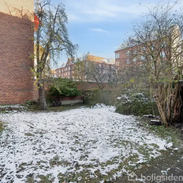 En baggård dækket med pletter af sne, omgivet af træer og buske i en urban setting med murstensbygninger i baggrunden. Træerne er let nøgne, og sneen dækker jorden uregelmæssigt.