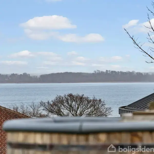 Et tag på en murstensbygning ses i forgrunden, mens en trætop og en sø med land i baggrund danner en naturskøn udsigt.