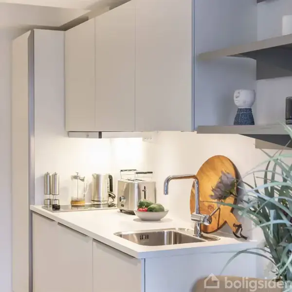 Et moderne køkken viser en hvid køkkenvask med planter og køkkenudstyr, som en brødrister og olier, placeret på en lys bordplade. Væghylder rummer dekorationer i et minimalistisk interiør.