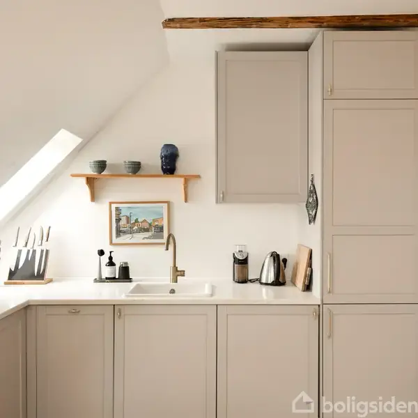 En køkkenbordplade med vask rummer en knivblok, sæbedispenser, kaffemaskine og elkedel. En hylde med keramik står over en maleri, og skabslåger omgiver området.