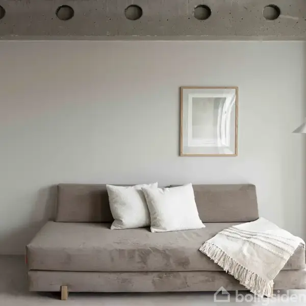 Grå sofa med to hvide puder og et tæppe, står mod en lys væg. Over sofaen hænger et indrammet billede. Ved siden af er en gulvlampe og et lille bord med en plante.