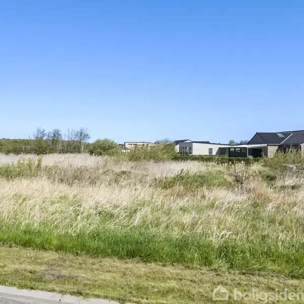 Græsområde foran, med flere lavtliggende, moderne huse i baggrunden under en klar blå himmel.