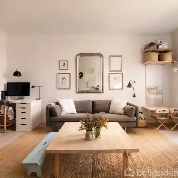 Grå sofa står mod en væg med billeder og spejl, flankeret af skrivebord med skærm og en kurvestol. Træbord med vaser i forgrunden på tæppe. Hylder og dør på højre side.