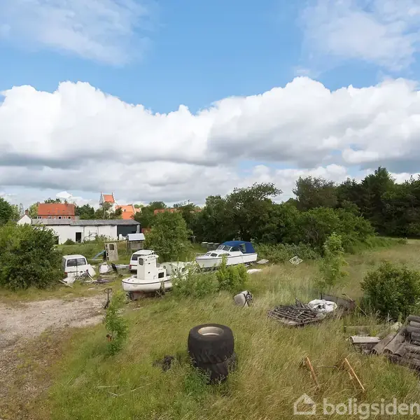 Både står på en græsplæne ved en landevej, omgivet af træer og buske. I baggrunden ses et hus og en klar blå himmel med skyer.
