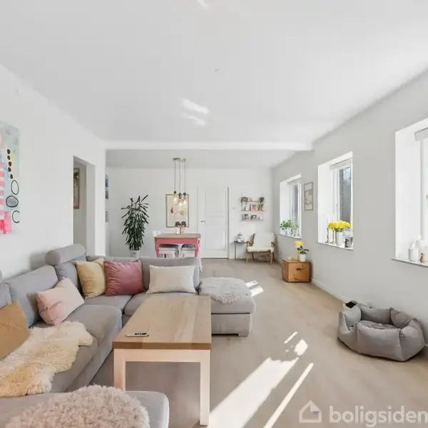 En lys stue med en grå sofa arrangeret omkring et træbord. Store vinduer til højre lader sollys komme ind. Der er farverig kunst på væggen og planter i baggrunden.