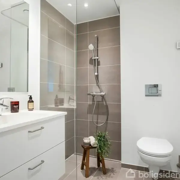 Badeværelse med bruser i glasindkapslet hjørne, hvide skabe med spejl over, væghængt toilet og grå fliser. Der er en plante og toiletrulleholder ved siden af toilettet.