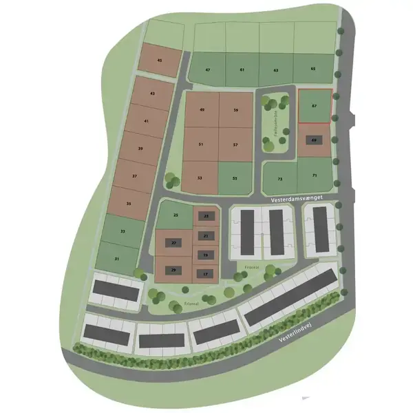 Kort viser en plan for et boligområde med nummererede grunde, veje og grønne områder. Tekst inkluderer "Vestdammensgård" og "Vesterkæret", der indikerer vejnavne.