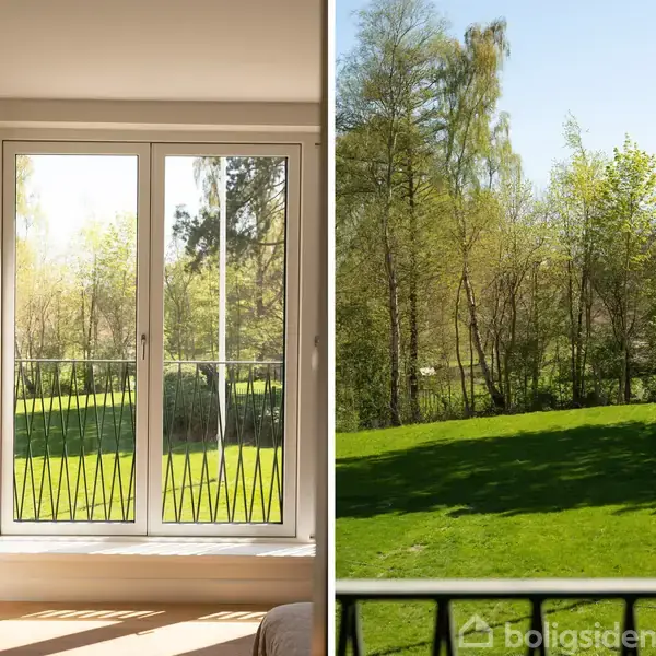 En glasdør åbner ud til en grøn græsplæne med høje træer i baggrunden. Sollys strømmer ind gennem døren, der er indrammet af en minimalistisk indretning.