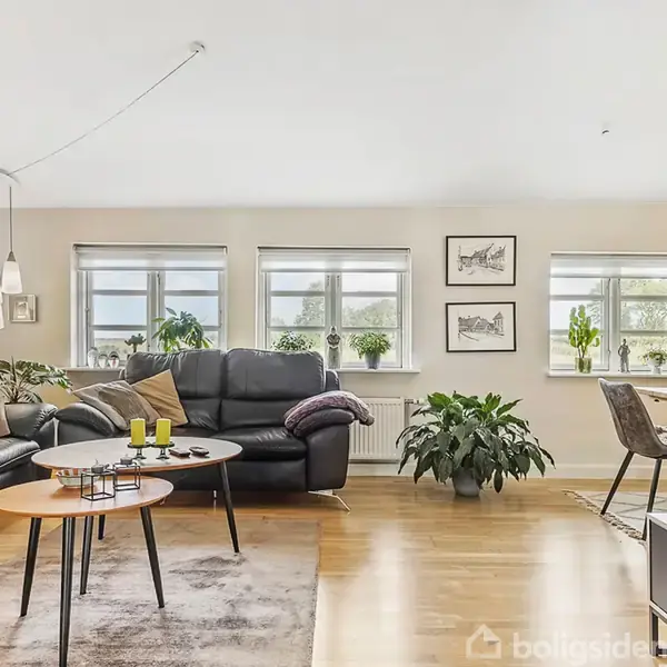 En stue med sorte lædersofaer og små runde borde foran. Der er grønne planter ved vinduerne og et spisebord til højre. Rummet har trægulve og vægdekorationer.