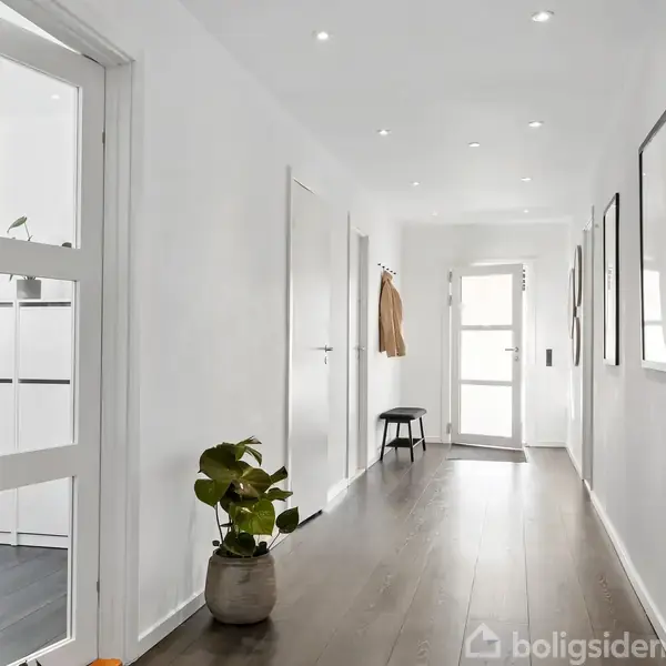 En lang, lys gang med mørkt trægulv og hvide vægge har plant i en potte ved indgangen. Frakker hænger på kroge, og der er en skammel nær en glasdør. Billeder pryder væggene.