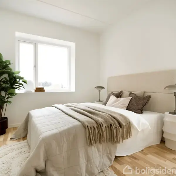 En seng med lysegråt sengetøj og brun plaid står i et lyst værelse med trægulv. Ved vinduet står en stor grøn plante. To bordlamper er på natbordene.