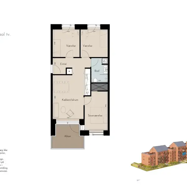 Plantegning viser Boligtype 3B, 89 m², med entre, køkken/stue, soveværelse, badeværelse og altan. Tekst: "Boligtype 3B, 89 m², Ejerlejlighed i Risskov." Billedet viser en illustration af et bygningekompleks.