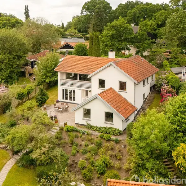 Træbro strækker sig over græsstrå til en rolig sø med en skovklædt kystlinje i baggrunden under en overskyet himmel.