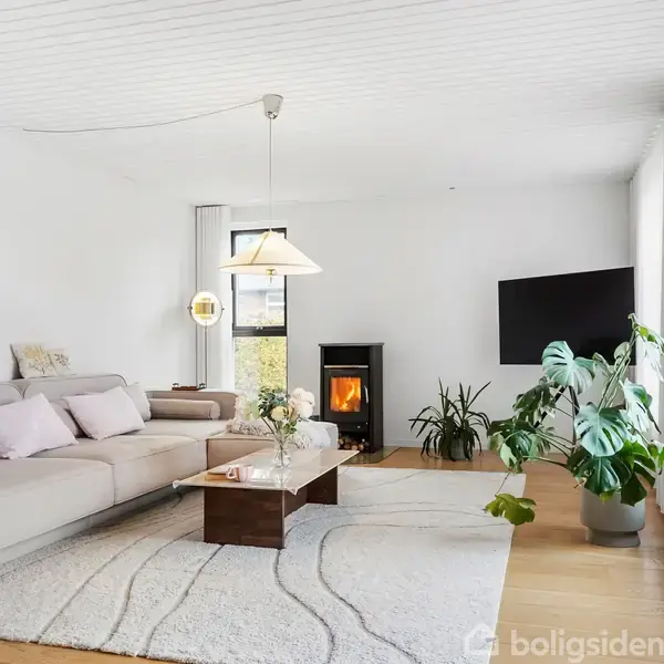 Sofa står centralt i lyst rum, omgivet af tæppe og sofabord, mens brændeovn og planter skaber hygge i hjørnet. Store vinduer giver masser af naturligt lys.