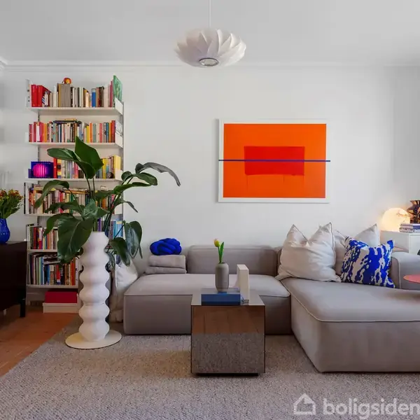 Grå sofa står stille i en stue med lyse vægge. På væggen hænger et orange, abstrakt billede. Reol med bøger er til venstre, planter og pynt på borderne.