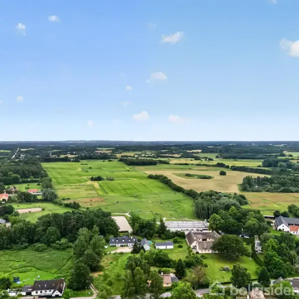 Grøn græsmark omgivet af buske og træer i et landligt boligområde med flere huse i baggrunden under en blå himmel.