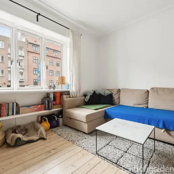 En lys stue med en beige hjørnesofa dækket af et blåt tæppe, der står ved et vindue. En bogreol står under vinduet, og der ligger en kat i en kurv på gulvet.