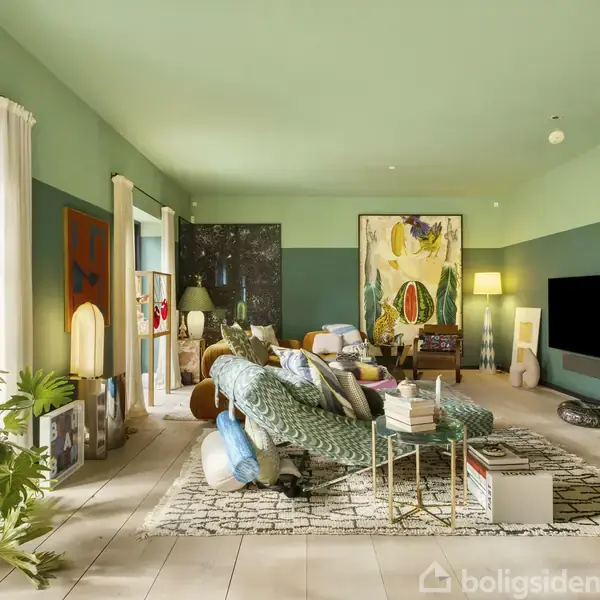 Stue med grønne vægge og lofter, fyldt med en stor sofa og malerier, omgivet af planter og bøger. Et tæppe dækker gulvet, og der er en sort TV-skærm på væggen.