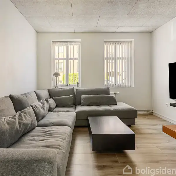 Grå sofa står i vinkel mod et værelse med trægulv, to vinduer med lodrette persienner i baggrunden. Et fladskærms-tv hænger på den hvide væg. Lille rektangulært sofabord.