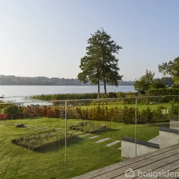 Træ står stille på græsset i en have ved søens bred, omgivet af buske og terrasse med glasrækværk; blå himmel i baggrunden.