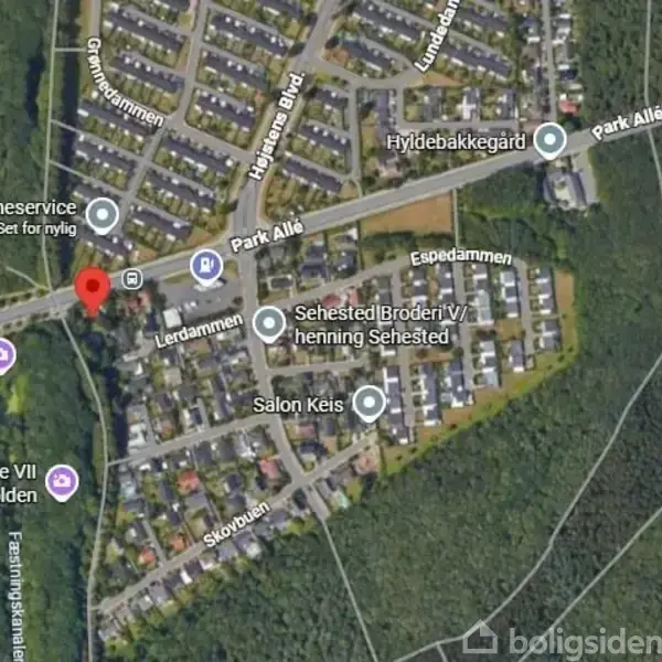 Et satellitkort viser et boligområde med veje og huse omgivet af skovområder. Tekst på kortet inkluderer "Sehested Broderi v/ henning Sehested," "Salon Keis," og "Park Allé."