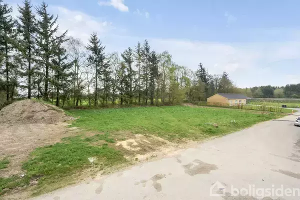 Grønt græsareal med en jordbunke, omgivet af høje træer. En vej løber langs højre side, og et enkelt gult hus ses i baggrunden.