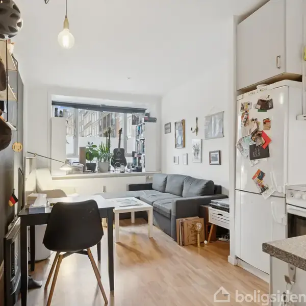 Sofa står i en lys stue ved et vindue med planter, omgivet af billeder på væggen. Et sort bord og en stol står til venstre, køkkenet til højre.