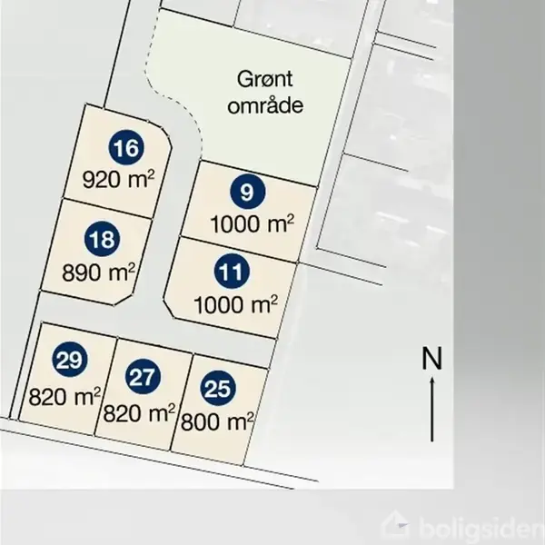 Kort, der viser et kvarter med nummererede byggegrunde og deres arealer: 16 (920 m²), 18 (890 m²), 29 (820 m²), 27 (820 m²), 25 (800 m²), 9 (1000 m²), 11 (1000 m²). Norðpil indikerer nord.
