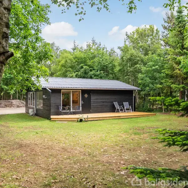 Et sort træsommerhus står stille med to liggestole på en træterrasse, omgivet af grønne træer og græs i en skovbund. En birketræ ses i forgrunden.