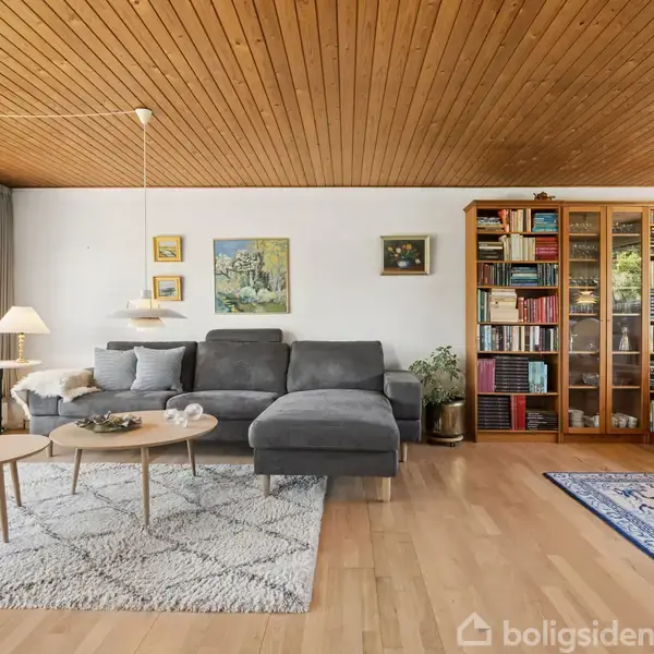 Grå hjørnesofa står på tæppe foran sofaborde med bøger og planter. Reol med glaslåger fyldt med bøger dominerer væggen. Store vinduer åbner mod en grøn have.