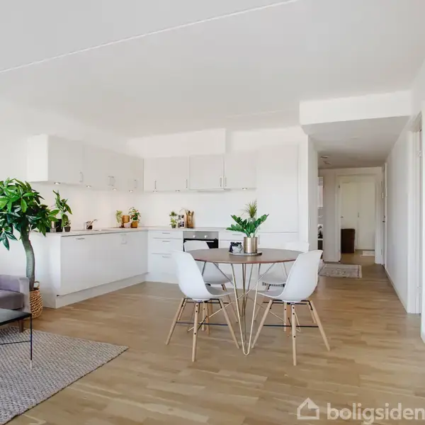 En moderne stue med et åbent køkken. Rummet indeholder et rundt spisebord med fire stole. Omkring står planter og en sofa på et tæppe.