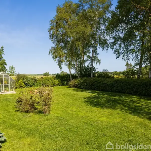 Drivhus står i en solrig have omgivet af græs og buske. Baggrunden består af høje træer og en klar blå himmel, der understreger den fredfyldte atmosfære.