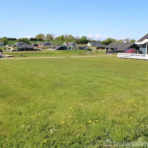 Grønt græsareal med spredte blomster foran et nabolag med moderne huse, inklusive et med solpaneler. Flere huse og træer ses i baggrunden under en klar blå himmel.