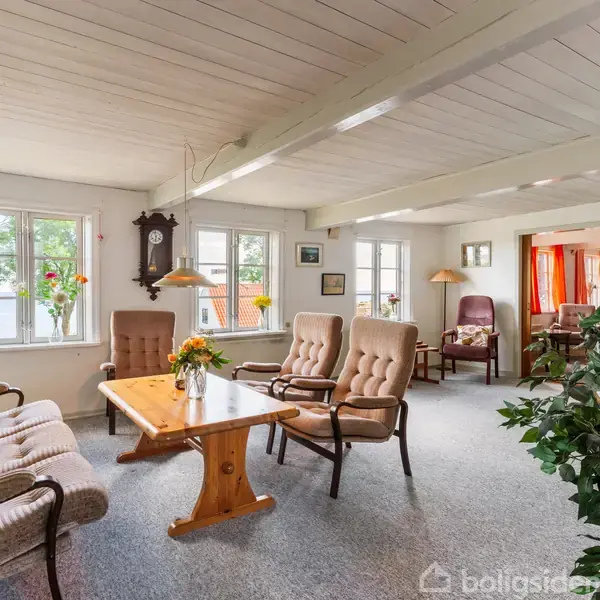 Stue med polstrede stole og sofa omkring et træbord med blomster. Vinduessiderne har udsigt til træer, og en standerlampe er i hjørnet. En vægur hænger på væggen.
