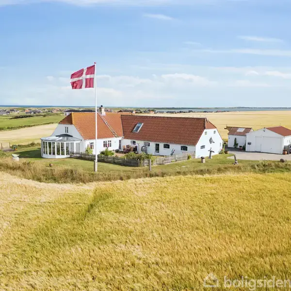 En stor dansk gård med rødt tag og hvide vægge står i et åbent landskab. Et dansk flag vajer i forgrunden, omgivet af marker under en blå himmel.