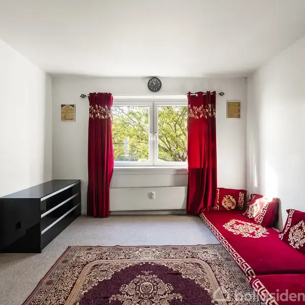 Rød sofa og tæppe står i en minimalistisk stue med hvidmalede vægge. Røde gardiner hænger ved vinduet. Mørkt skab til venstre. Grøn udsigt udenfor.