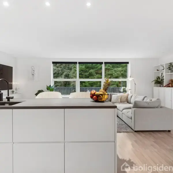 Et moderne, lyst køkken-alrum med hvid køkkenø. Frugtskål på øen. I baggrunden en grå sofa, store vinduer og indbygget reol med planter.