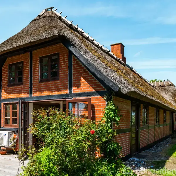 Teglstenhus med stråtag står i solrigt landskab. Husets facade har bindingsværk og er omgivet af grønt løv og blomster. Skyfri himmel og åbent naturområde ses i baggrunden.
