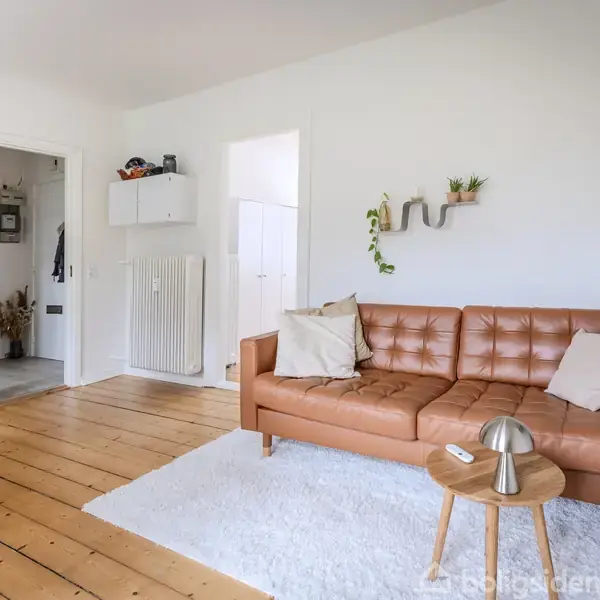 Brun lædersofa står i stuen med puder, flankeret af et lille bord med en lampe. Trægulv, hvid væg med hylder og planter, døren fører til en gang.