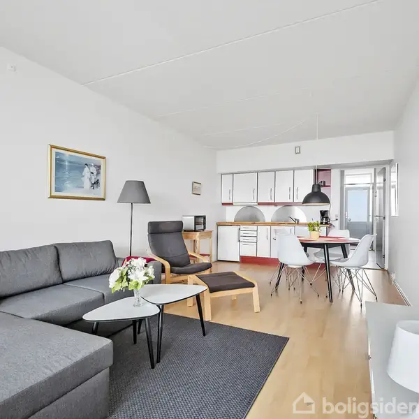 Gråt sofahjørne med farverige puder står i stue ved siden af sofabord med blomster. Køkkenet, med hvide skabe, ses i baggrunden. Lampe og tv er på væggen.