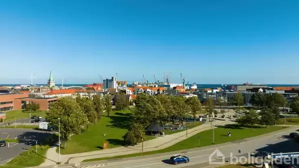 En bypark med grønne områder, træer og en vej i forgrunden. Bygninger og kraner ses i baggrunden under en klar blå himmel.