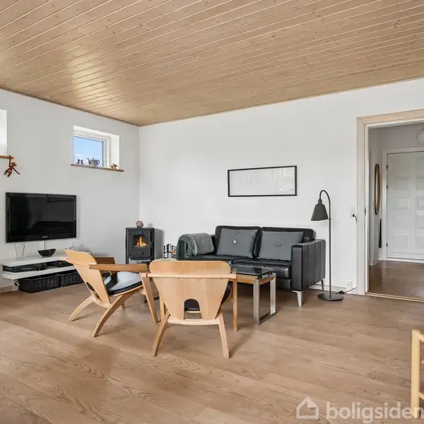 Stue med moderne møblering; sorte sofaer og træstole står foran et tv og en pejs. Hylder dekoreret med planter og bøger hænger på hvide vægge, træloft og gulvbræt.