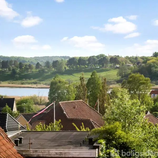 Røde hustage ligger i forgrunden, mens en rolig sø ses i baggrunden omgivet af grønne bakker og skov. Himmel med spredte skyer skaber en fredfyldt atmosfære.