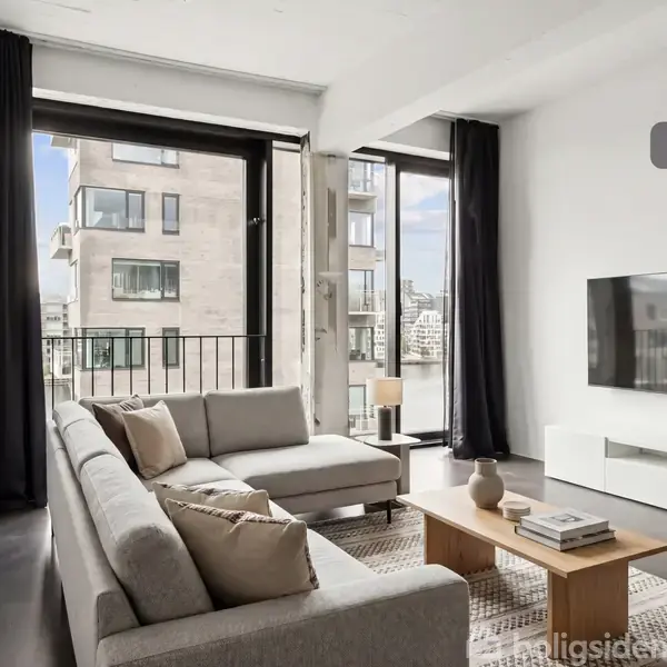 En grå sofa står i en moderne stue, vendt mod et stort fladskærms-tv på en hvid skænk. Vinduer giver udsigt til bybygninger. Tekst: "Visualisering".