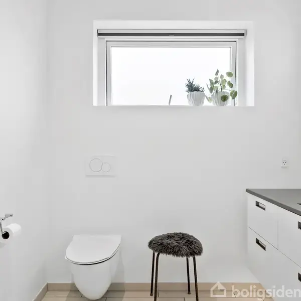 Toilet står på et lyst badeværelse ved siden af en toiletrulleholder og en skammel. Over skabet med vask hænger en spejl. Der er en vindueskarm med planter.