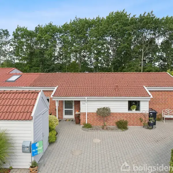 En etplans bolig med rødt tag står blandt grønne træer. Huset har en stenbelagt forplads med planter, og flere døre er synlige. En bænk og affaldsbeholdere er til højre.